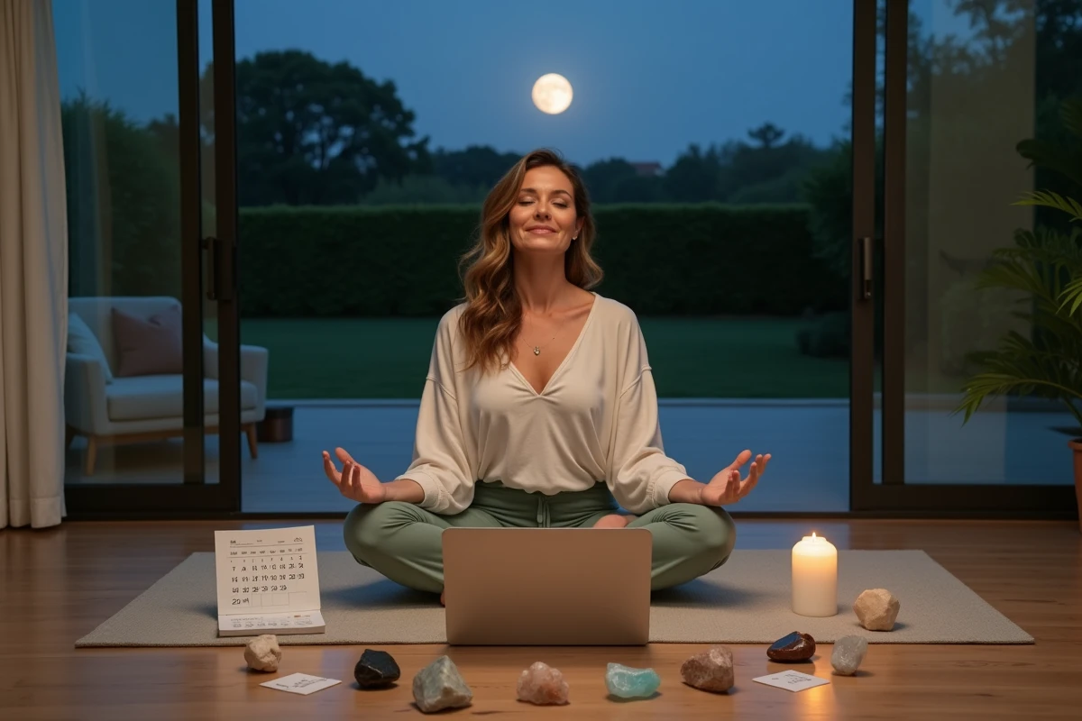 Femme pratiquant un rituel de pleine lune pour planifier ses objectifs personnels dans un salon minimaliste