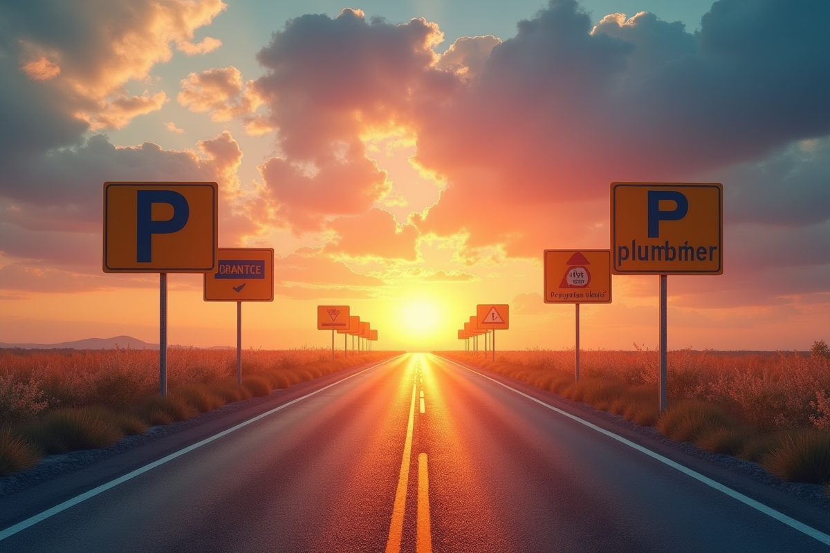 Route vers l horizon avec panneaux de professions P