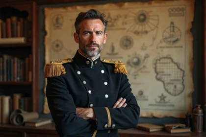 Homme en uniforme militaire sombre devant un mur de théories et de diagrammes alchimiques, évoquant le personnage de Roy Mustang de Fullmetal Alchemist Brotherhood