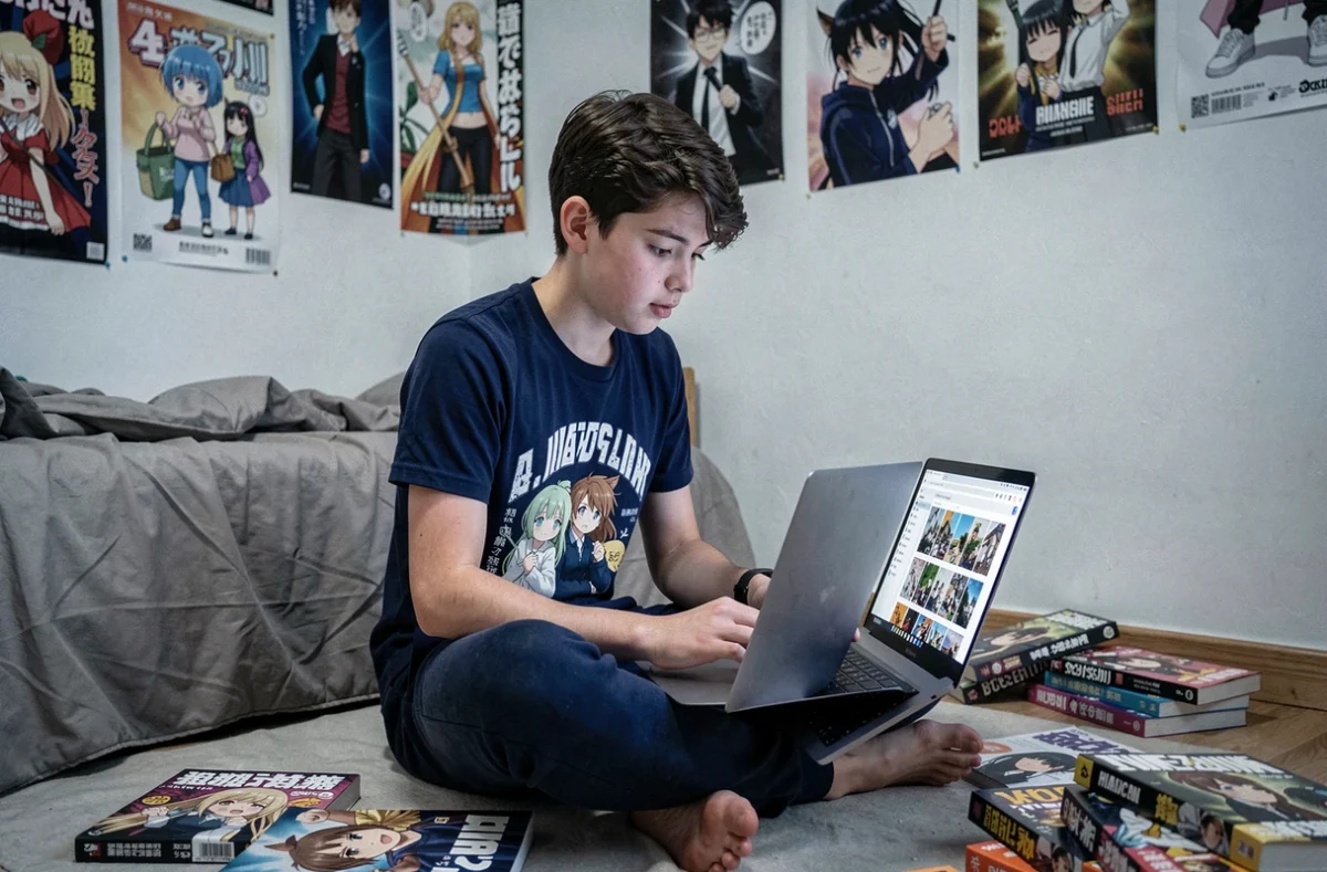 Adolescent lisant des scans de manga en français sur un ordinateur portable dans sa chambre