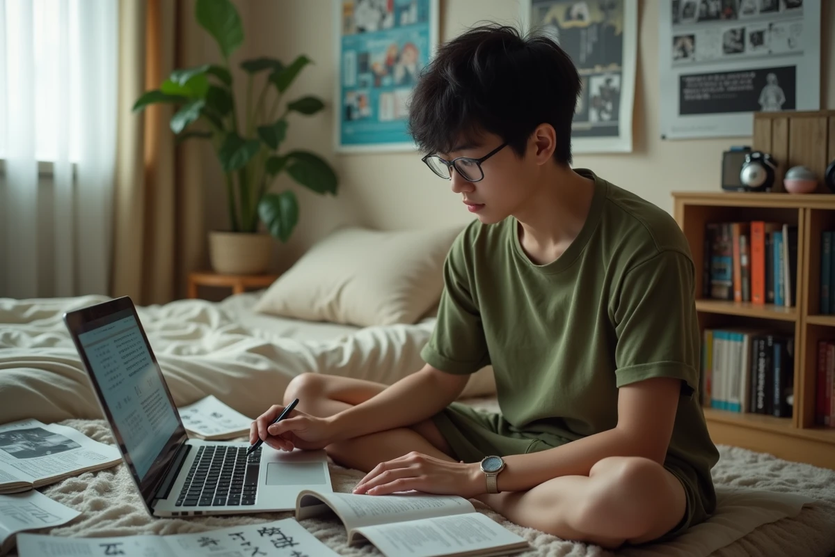 Bénévole d'une team de scantrad réalisant le lettrage numérique de planches manga dans une chambre personnelle