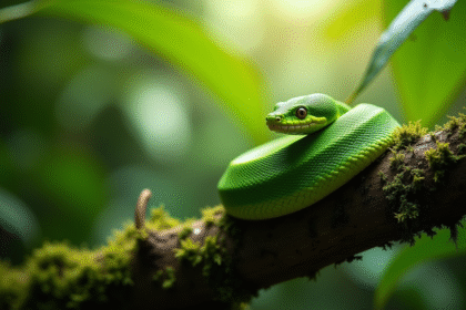 Serpent vert enroule dans la forêt tropicale lumineuse