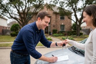 Vendeur de voiture signant les documents de cession avec l'acheteur dans une allée résidentielle