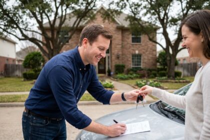 Vendeur de voiture signant les documents de cession avec l'acheteur dans une allée résidentielle
