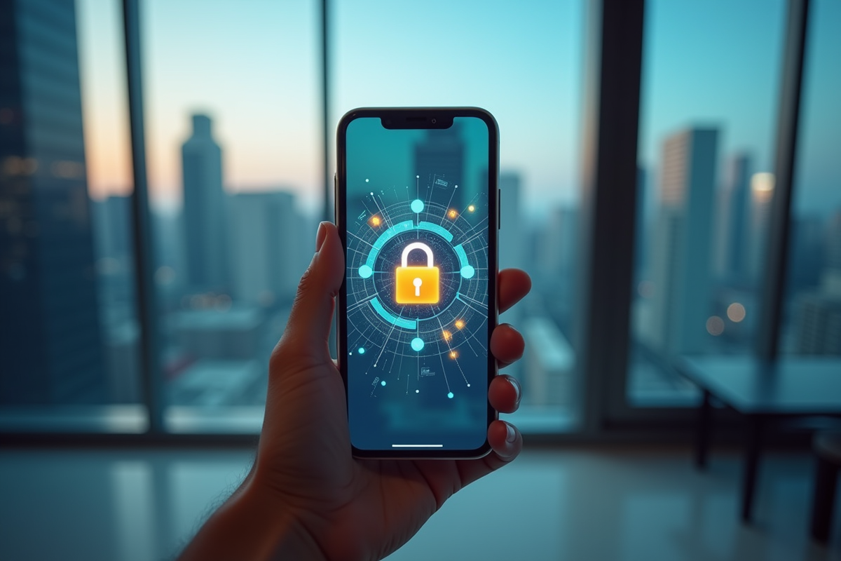 Main tenant un smartphone avec une interface VPN et symboles de securite