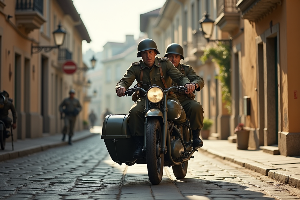 Deux soldats à moto avec sidecar dans un village européen en après-midi
