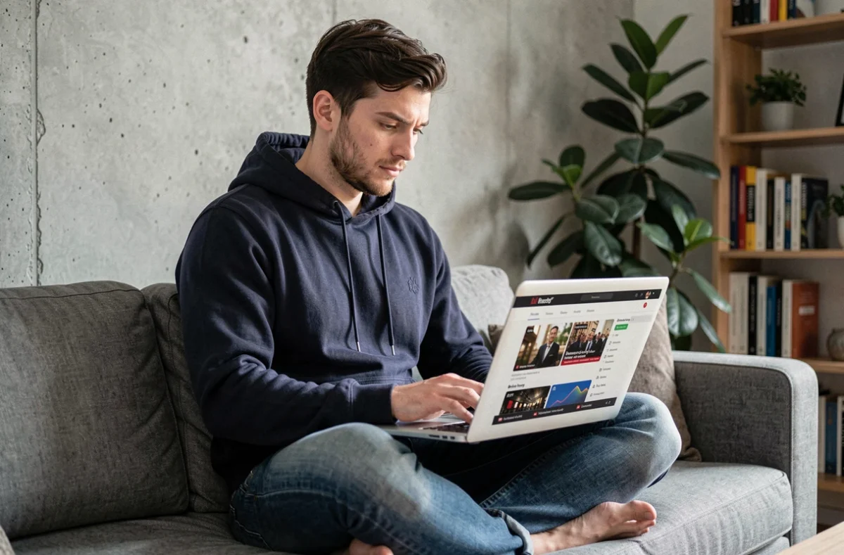 Un jeune homme consultant une plateforme de streaming manga légale sur son ordinateur portable, illustrant le rôle des lecteurs dans le respect des droits d'auteur face aux sites de piratage