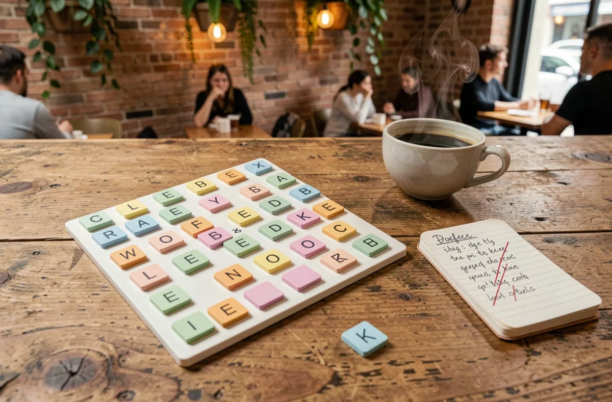 Table de café avec plateau de jeu de lettres 4 images 1 mot, carnet de notes et tasse de café