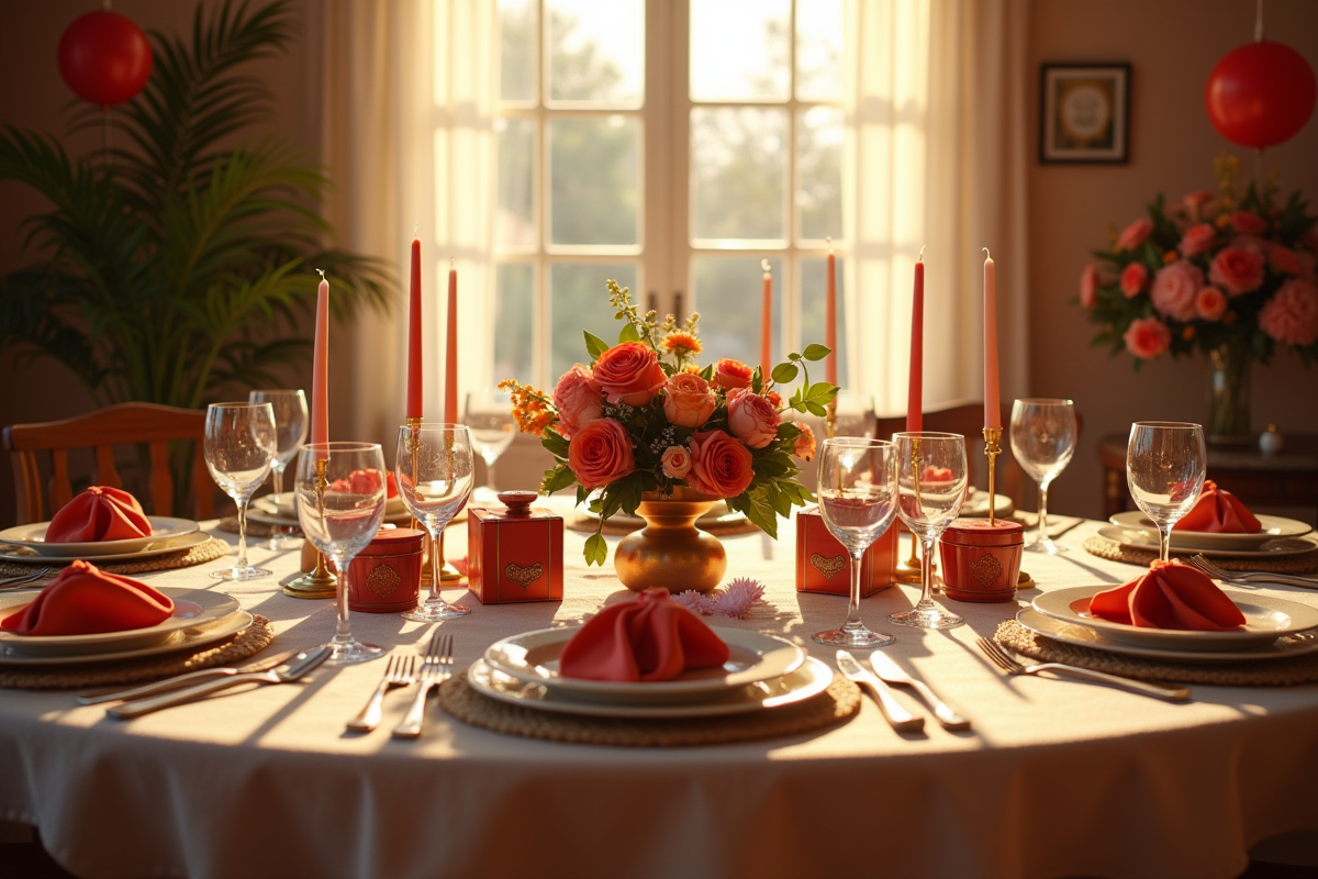 Table festive décorée pour un anniversaire de mariage avec symboles multiculturels