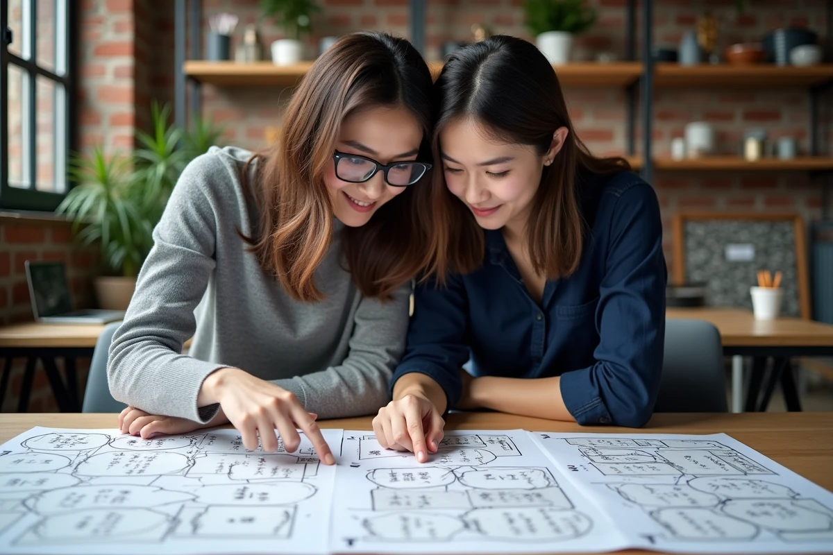 Deux membres d'une team de scantrad bénévole révisant des planches de manga annotées dans un espace de coworking
