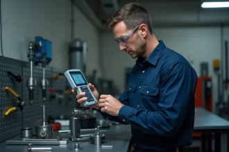 Technicien professionnel inspectant un dynamomètre numérique en atelier industriel