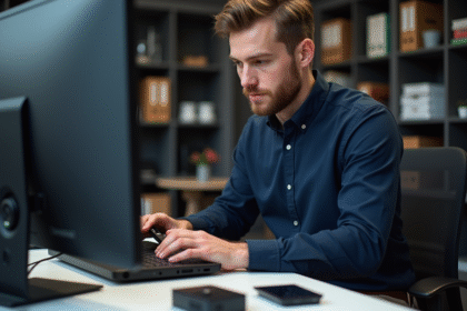 Jeune technicien informatique installant un SSD dans un ordinateur