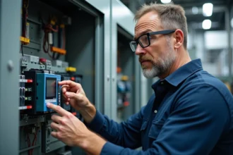 Technicien en électrotechnique inspectant un relais temporisé numérique dans un tableau de commande industriel ouvert