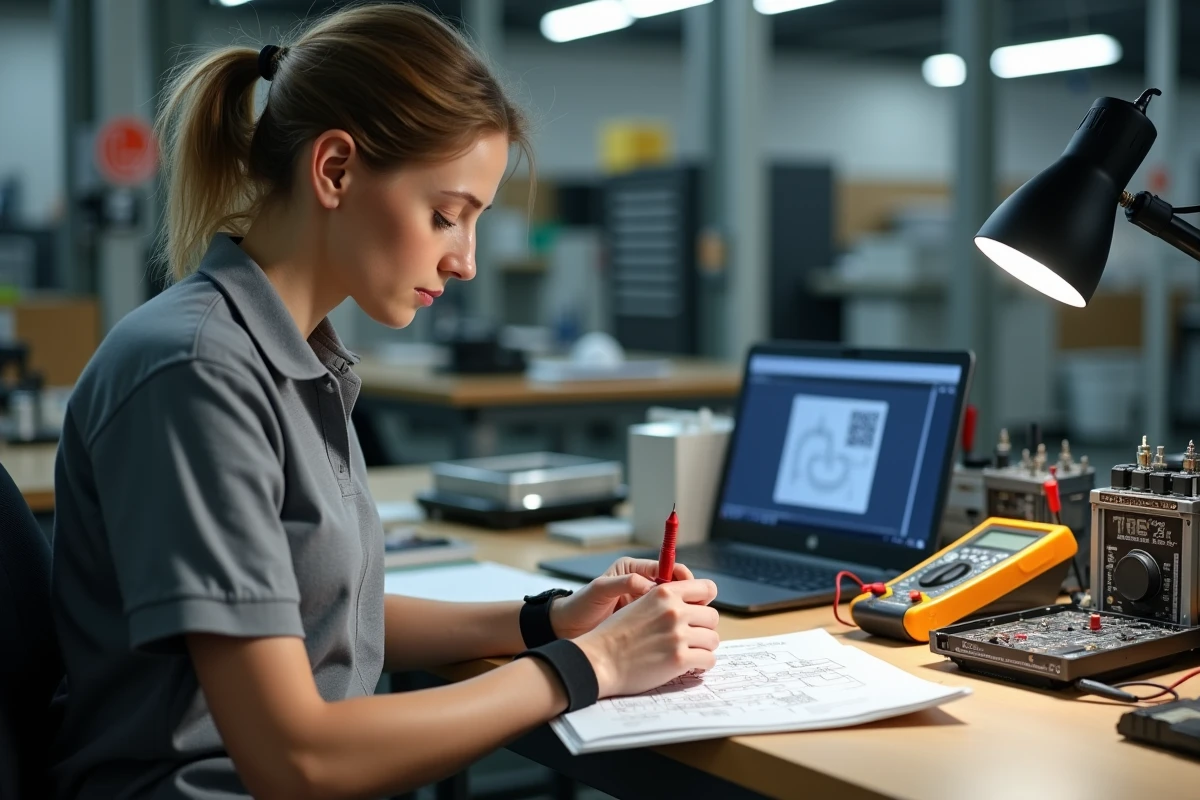 Technicienne configurant et testant un relais temporisé électromécanique sur un établi de laboratoire électronique professionnel
