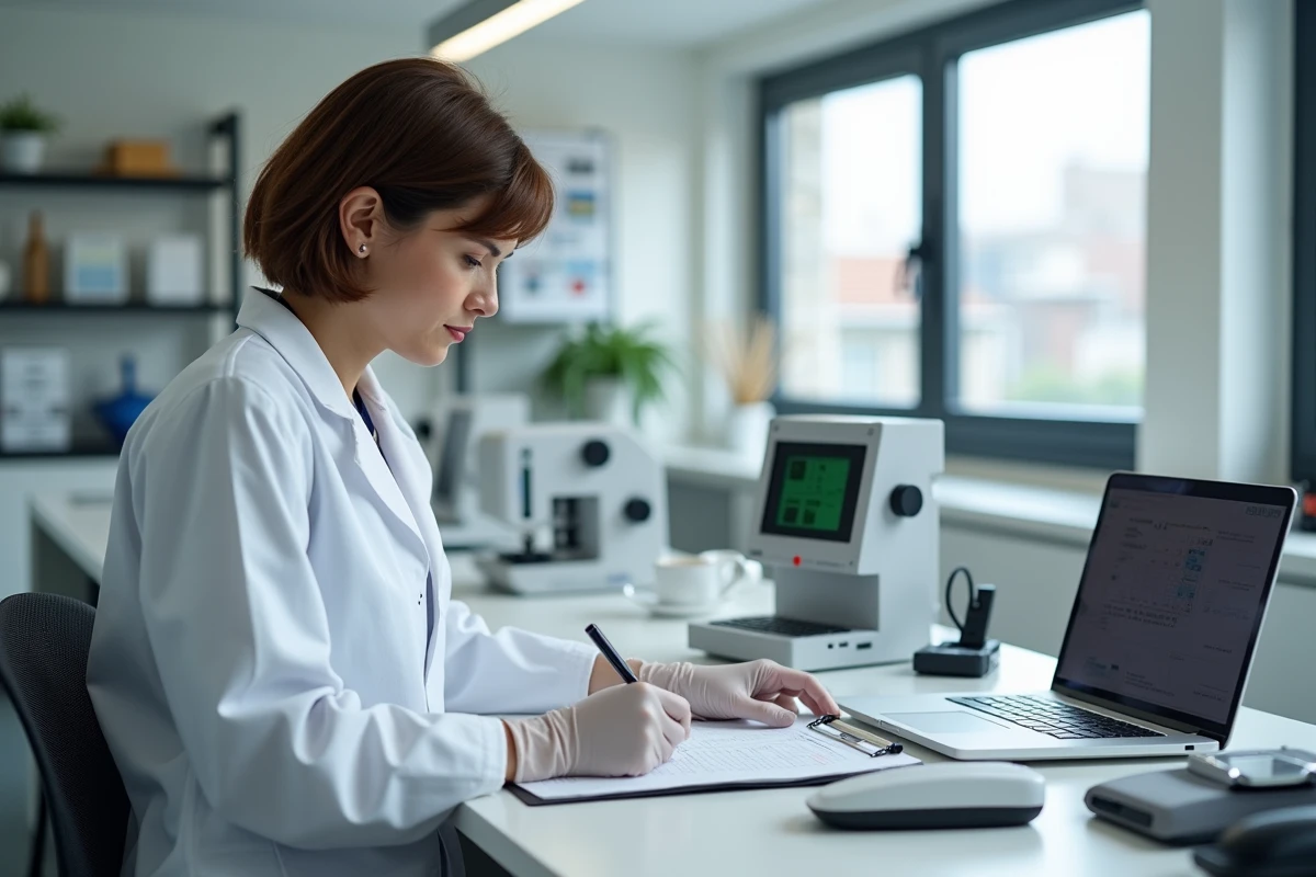 Femme technicienne de laboratoire évaluant les données d'un dynamomètre pour un avis client