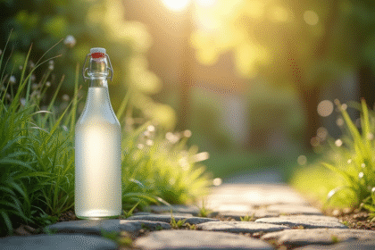 Bouteille de vinaigre blanc avec mauvaises herbes dans le jardin