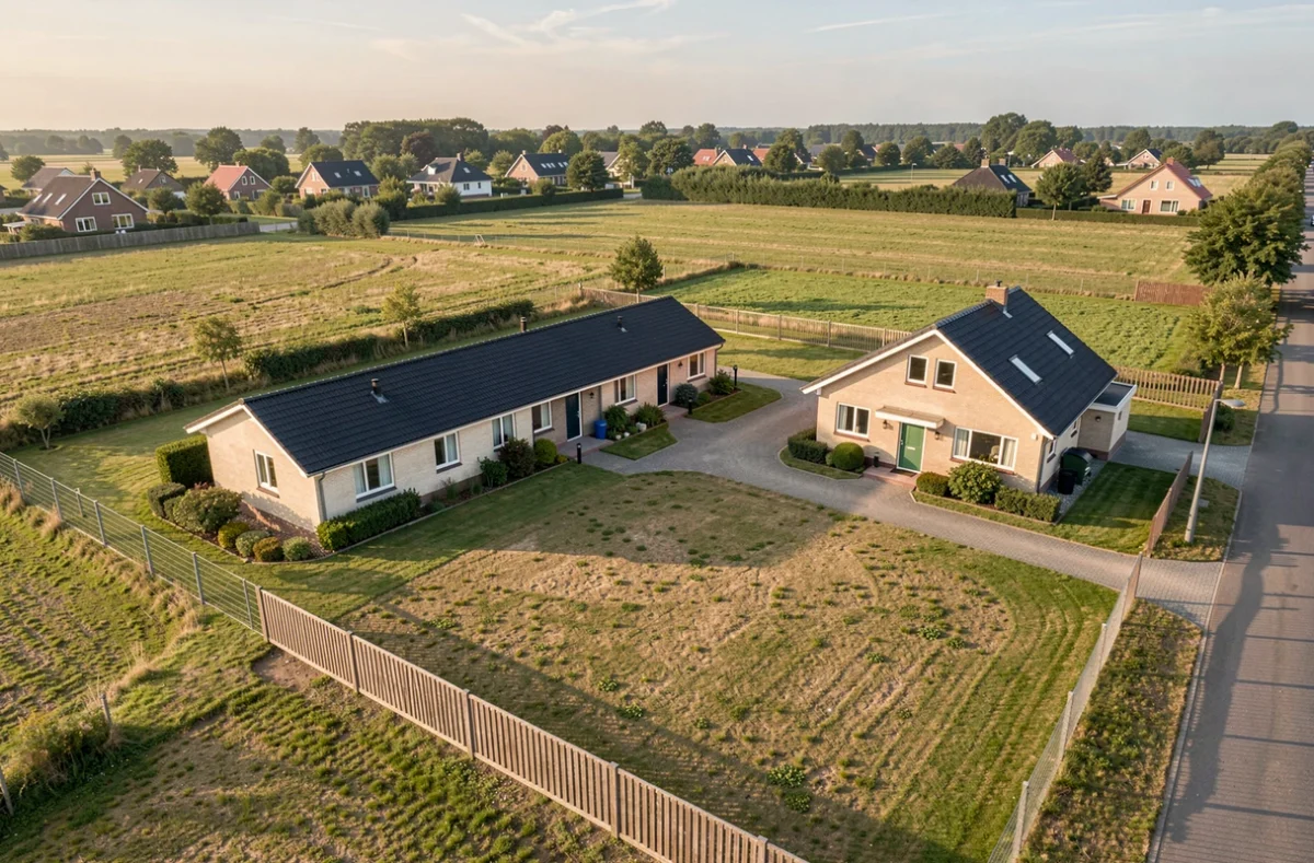 Vue aérienne d'une maison de plain-pied et d'une maison à étage sur leurs terrains