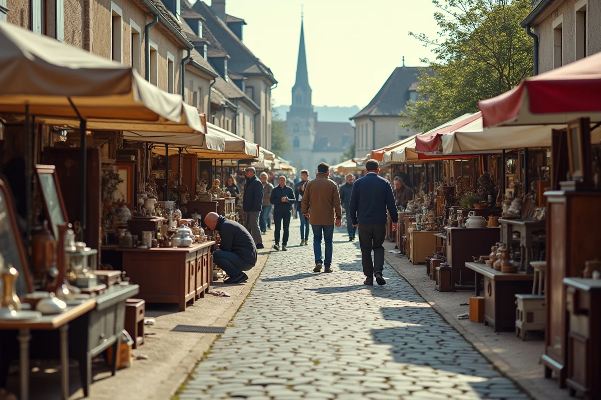 Vue large d'un marché de brocante animé dans une rue pavée d'une ville de Moselle avec antiquités et visiteurs