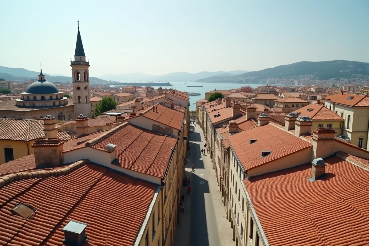 Vue aérienne des toits de Toulon avec minaret et clocher, paysage urbain multiculturel du Var